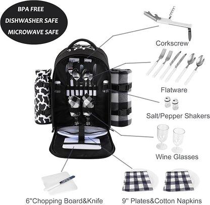 apollo walker Picnic Backpack Bag for 2 Person with Cooler Compartment, Detachable BottleWine Holder, Fleece Blanket, Plates and Cutlery Set (2 Person, Black)