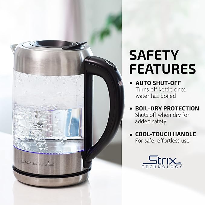OVENTE Electric Kettle with 1.7L Borosilicate Glass, 1500W Instant Water Boiler and Heater for Coffee or Tea, BPA Free, Easy to Fill Lid, Auto Shut-Off and Boil Dry Protection, Silver KG6120S