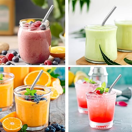 8 Pack 6 Inch Short Bent Metal Cocktails Straws, Reusable Stainless Steel Smoothie Drinking Straws with Cleaning Brush for Coffee Mugs, Small Glasses or Cups