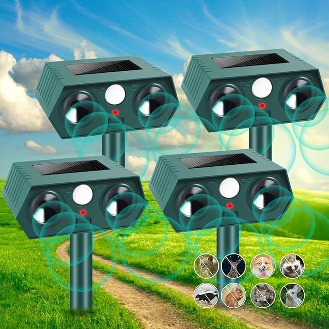 Squirrel Deer Repellent Devices Cat Repellent Outdoor, Solar Ultrasonic Animal Repellent with Motion Detector, Waterproof Coyote Repellent, Dog Racoon Skunk Repeller for Yard(4Pack)