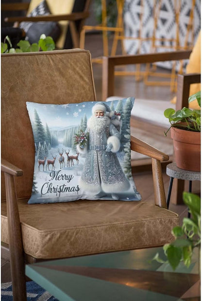 Throw Pillow Cover 20x20 Inch,Santa Blue and Silver with Forest with Deer Merry Christmas Throw Pillow Case,Home Decor Cushion Covers for Sofa Living Room Couch Bed