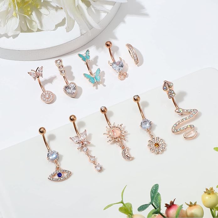 JeryWe 10 Pcs Belly Button Rings Clicker Belly Ring for Women 14G Belly Button Rings Dangling Snake Evil Eye Heart CZ Butterfly Flower Belly Rings Surgical Steel Navel Rings Body Piercing Jewelry