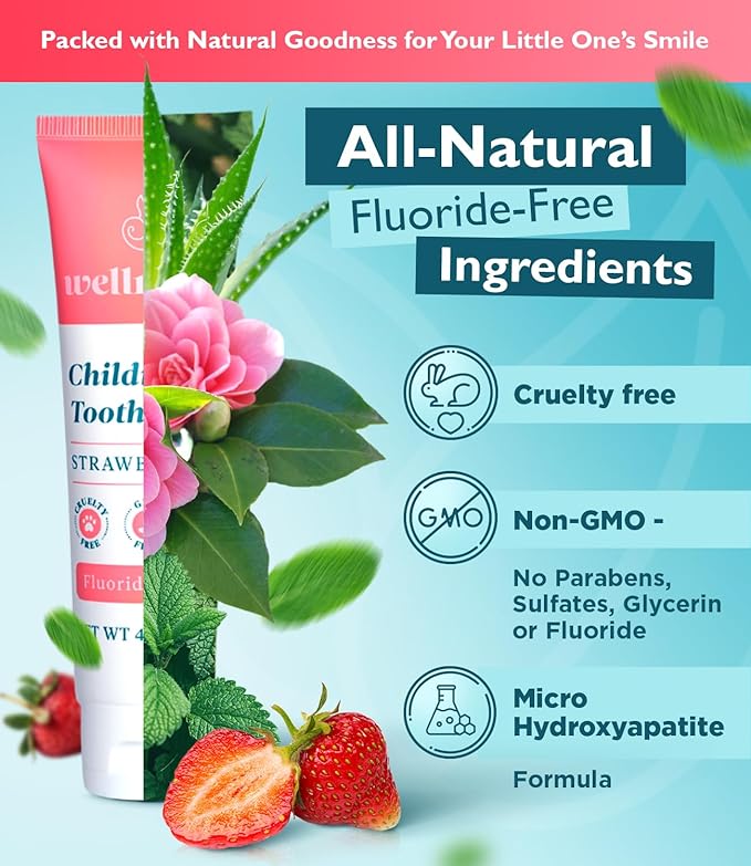 Wellnesse Kids Hydroxyapatite Toothpaste with Xylitol - Fluoride Free Toddler  Children's Natural Toothpaste, Freshens Breath, Sensory-Friendly Oral Care, Vegan, Strawberry Flavor, 4 oz (Pack of 1)