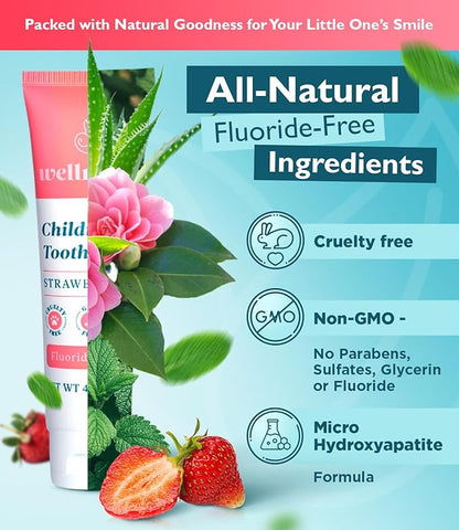 Wellnesse Kids Hydroxyapatite Toothpaste with Xylitol - Fluoride Free Toddler  Children's Natural Toothpaste, Freshens Breath, Sensory-Friendly Oral Care, Vegan, Strawberry Flavor, 4 oz (Pack of 1)