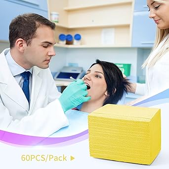 Disposable Patient Bibs 60 PCS Waterproof Tattoo Bib 3 Ply Tissue Napkins, Annhua Dentist Bibs Tattoo Tray Covers Lap Cloths - Sturdy and Leakproof - Yellow