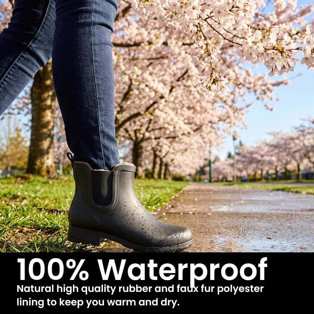 Women’s Waterproof Chelsea Bootie – Plush Lined, Slip-On Rain Ankle Boots