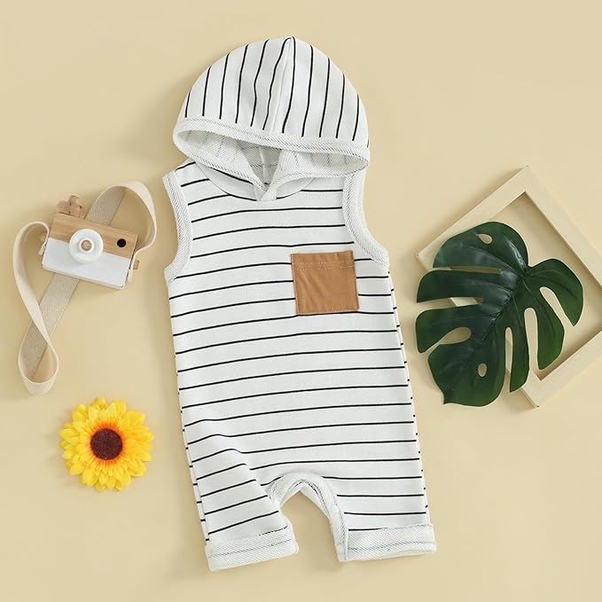 Infant Toddler Baby Boy Girl Sleeveless Hooded Romper One Piece Striped Jumpsuit Coverall Newborn Summer Clothes