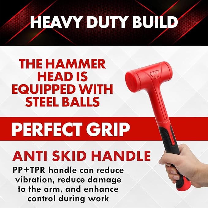 Dead Blow Hammer Set, 3 Piece/16oz(1LB),27oz(1.5LB),45oz(3LB),Red and Black, Shockproof Design, No Rebound Mallet Unibody Molded Checkered Grip Spark and Rebound Resistant (YY-3-013)