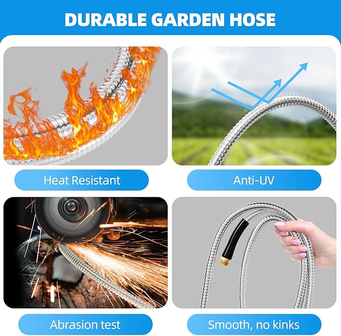Metal Garden Water Hose 50 FT, Flexible and Lightweight, Heavy Duty Stainless Steel Pipe with Brass Fittings for Reel, Yard, Outdoor, Boat