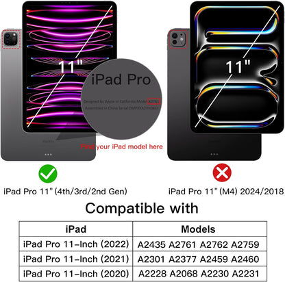 Case for iPad Pro 11 Inch 2022/2021/2020 Model (4th/3rd/2nd Generation), with Pencil Holder, Support 2nd Pencil Charging, Slim Tablet Cover with Soft TPU Back, Auto Wake/Sleep (Black)