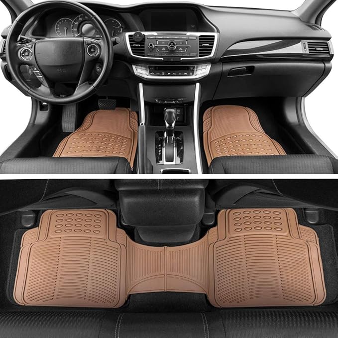 BDK Beige Heavy Duty Front  Rear Rubber Floor Mats Universal Liners for Car SUV Van  Truck, All Weather Protection with Anti-Slip Nibs, Fit Contours of Most Vehicles