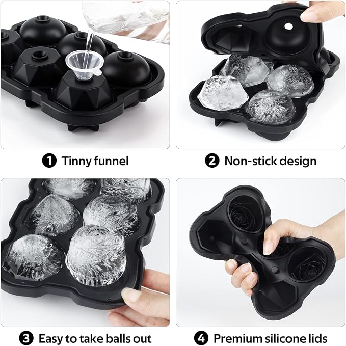 Ice Cube Tray, Mikiwon 2 inch Rose Ice Cube Trays With Covers, 3 Cavity Silicone Rose Ice Tray & 3 Diamond Ice Ball Maker, Easy Release Large Ice Cube Form for Chilled Cocktails, Whiskey Juice Black