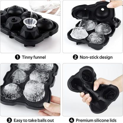 Ice Cube Tray, Mikiwon 2 inch Rose Ice Cube Trays With Covers, 3 Cavity Silicone Rose Ice Tray & 3 Diamond Ice Ball Maker, Easy Release Large Ice Cube Form for Chilled Cocktails, Whiskey Juice Black