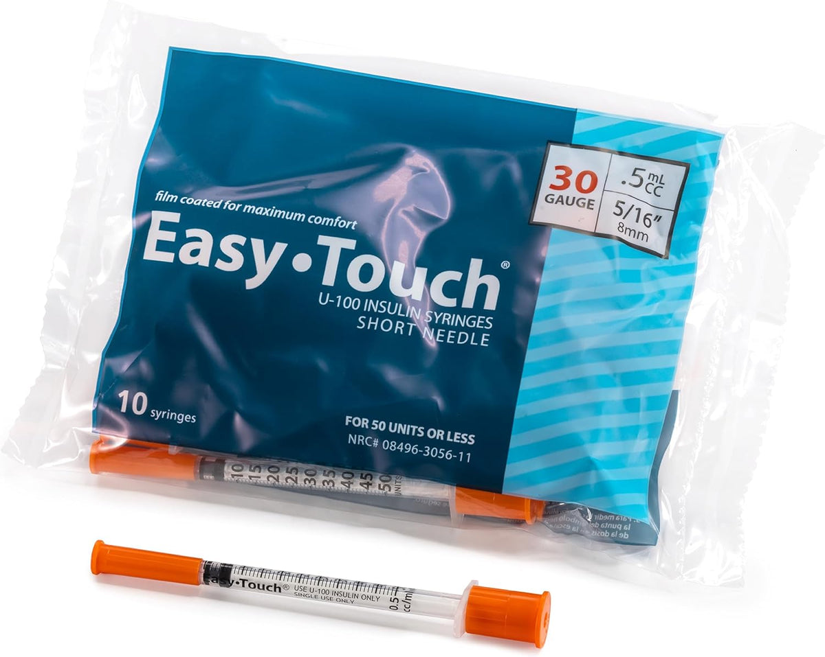 Easy Touch 30 Gauge U-100 Insulin Syringes (30G 0.5cc 5/16”) with 5/16” Short Needle, 0.5cc (50 Unit Capacity), Bold Markings for Accurate Dosing, Disposable, Box of 100( box damage)