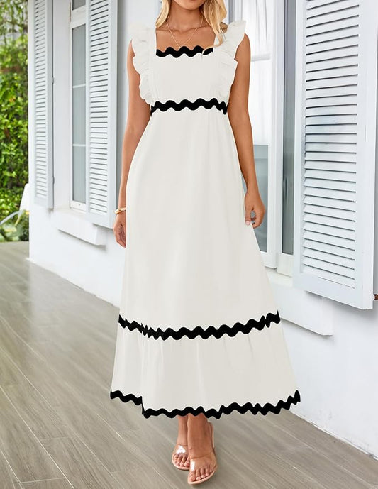 ZESICA Women's Summer Sleeveless Ruffle Dresses Square Neck Backless Boho Flowy Maxi Sundress with Pockets