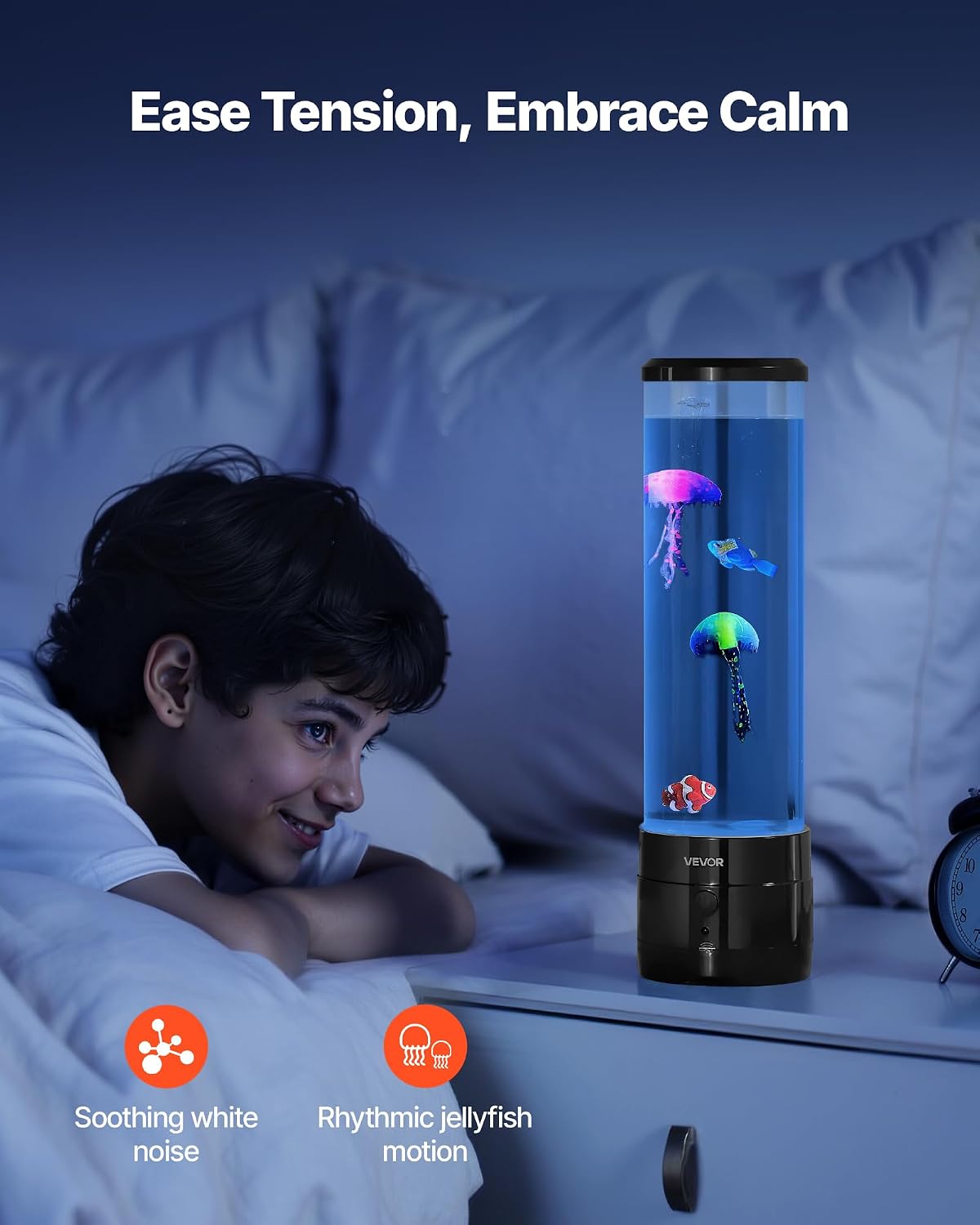 VEVOR Sensory Bubble Tube Lamp, 16 Color Changing Light Effects, Water Fish Lamp with Built-in Bluetooth Speaker & White Noise, Fake Aquarium Tank Night Light for Bedroom Living Room Home Decor ( does not come with 2JelltFish-2Fish-1JellyFish Hook )