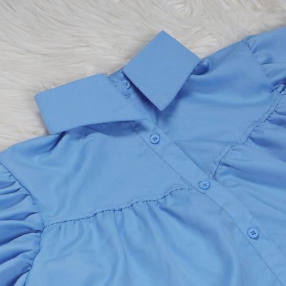 WOKANSE Women's Cute Babydoll Dresses Casual Loose Puff Sleeves Ruffle Hem Button Down Pleated Shirt Dress