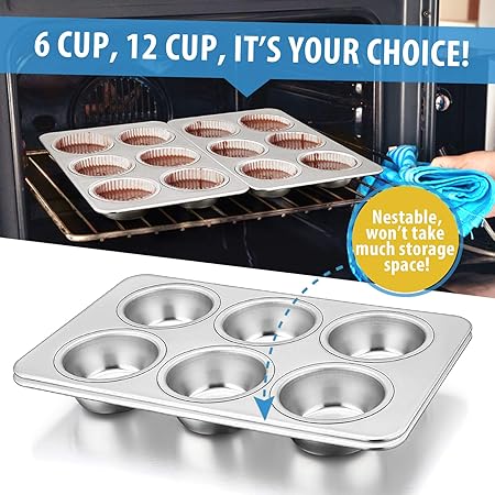 E-far Muffin Pan Set of 2, Stainless Steel Muffin Pan Tin for Baking, 6-Cup Metal Cupcake Pan Tray, Non-toxic  Healthy, Oven  Dishwasher Safe, Regular Size - 11.44 x 7.12 x 1.25 inch