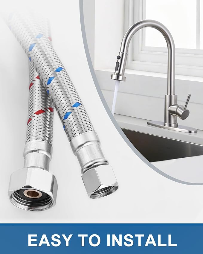 24'' Long Faucet Connector, Stainless Steel Braided cUPC Faucet Supply Lines G12" FIP x 38" Compression Sink Hose Attachment Toilet Water Hose Replacement Parts 2 PCS