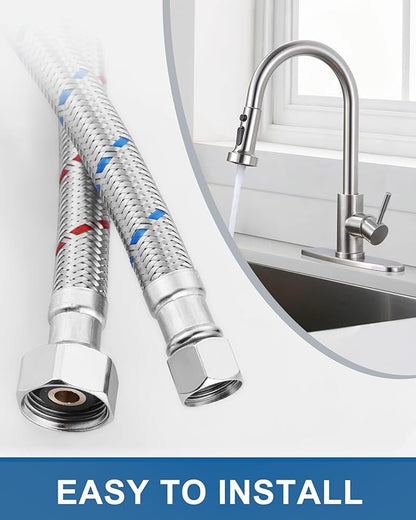 24'' Long Faucet Connector, Stainless Steel Braided cUPC Faucet Supply Lines G12" FIP x 38" Compression Sink Hose Attachment Toilet Water Hose Replacement Parts 2 PCS