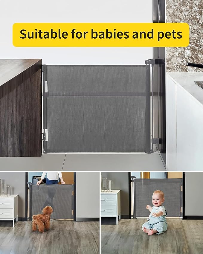 dearlomum Retractable Baby Gate,Mesh Baby Gate or Mesh Dog Gate,33" Tall,Extends up to 71" Wide,Child Safety Gate for Doorways,Stairs,Hallways,IndoorOutdoor(Grey,33"x71")