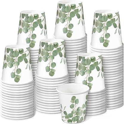 RUSPEPA 2 oz Bathroom Cups, Disposable Paper Cups - 100 Pack Eucalyptus Design Printed - Mini Mouthwash Rinse Paper Cups for Home, Bathroom, Picnic, Party, and Events