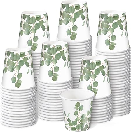 RUSPEPA 2 oz Bathroom Cups, Disposable Paper Cups - 100 Pack Eucalyptus Design Printed - Mini Mouthwash Rinse Paper Cups for Home, Bathroom, Picnic, Party, and Events