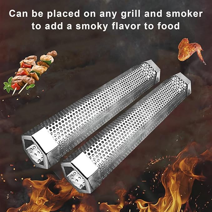 Pellet Smoker Tube, Pellet Charcoal BBQ Net, Stainless Steel BBQ Wood Pellet Tube Smoker with Ventilation Holes, Easy to Clean Reusable Grill Accessory for BBQ, Camping Essential 12Inch