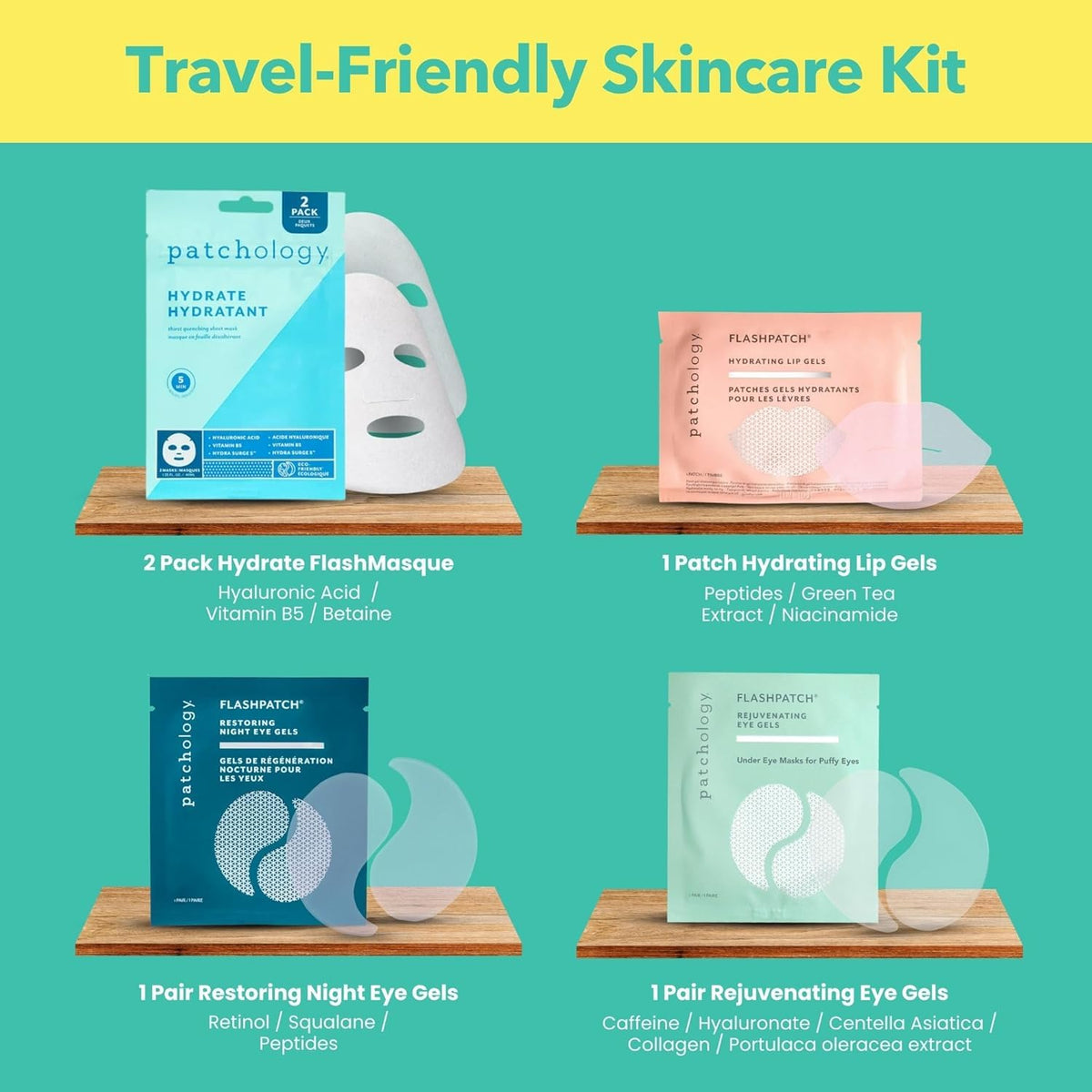Patchology On The Fly Travel Facial Kit – Travel-Friendly Hydrating Skincare Essentials for Face, Eyes and Lips – Includes 2 Pair Under Eye Patches, 2 Hydrate Sheet Mask for Refreshed Skin,1 Lip Mask( box green and pink color)