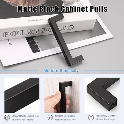 KNOBWELL 6 Pack 4 inch Black Kitchen Cabinet, Stainless Steel Cupboard Door Handles Pulls for Vanity Chest Nightstand Drawer Dresser - Hole Distance 4", Overall Length 4-12"
