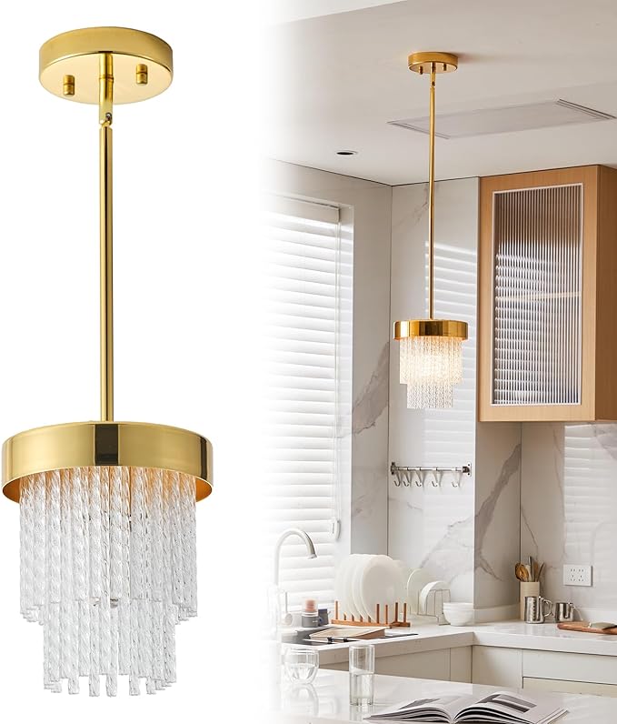 7-inch pendant lamp, modern crystal pendant lamp, E26, 1 kitchen island pendant lamp, golden pendant lighting for hallway and dining room (gold, 1 unit)
