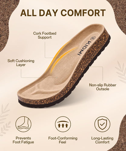 Genuine suede clogs with cork footbed, arch support, adjustable straps, and non-slip sole for comfortable all-day wear.