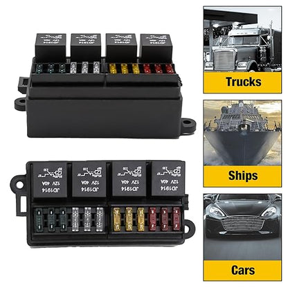 12 Volt Fuse Relay Box with 4 Relays and 12 Way ATCATO Fuses Sealed 12 Volt Relay Fuse Holder Compatible for Automotive, Marine
