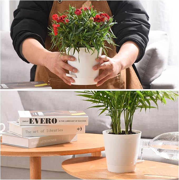Plant Pots 6 PCS 5 inch Self Watering Planters High Drainage Flowers Pot for Indoor Outdoor Plants with Reservoir Tray and Watering Lip Gardening Planter Garden Flower Pots, White
