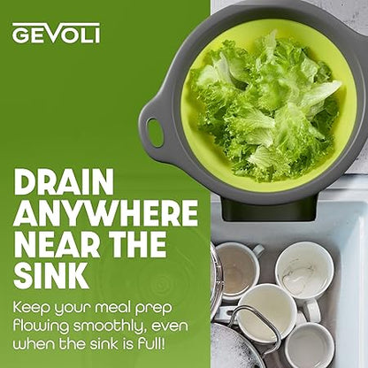 Large Collapsible Colander with Self Draining Base - 5Qt Side Drain Food Strainer for Edge of Kitchen Sink, Green (2 Piece Set)