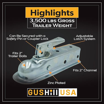 USA GH 25153 Straight Tongue Trailer Coupler for 2-Inch Channel, 2-in Hitch Ball, 3,500 lbs, Zinc Plating