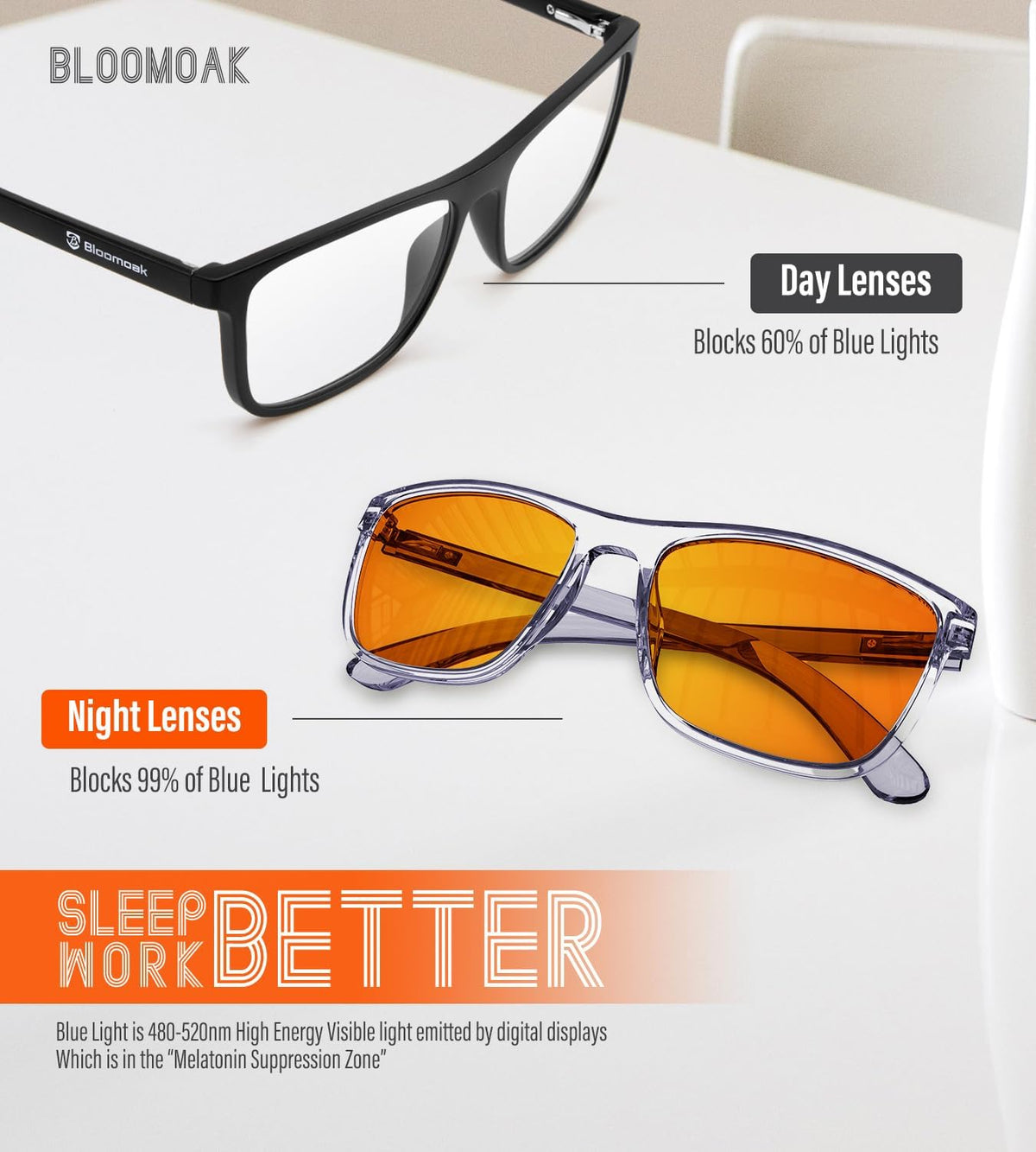 Bloomoak-99% Blue Light Blocking Glasses - Gaming Glasses - Anti Glare - Anti Fatigue -Suitable for Screens, Games, TVs