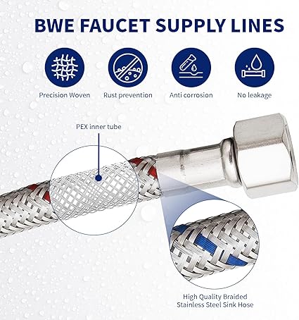 BWE Faucet Supply Lines 24" Length 12 -Inch Female Compression Thread x M10 Male Connector Braided Stainless Steel Sink Hose for Bathroom Kitchen Sink Faucet x 2 Pcs (1 Pair)