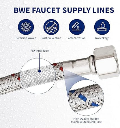 BWE Faucet Supply Lines 24" Length 12 -Inch Female Compression Thread x M10 Male Connector Braided Stainless Steel Sink Hose for Bathroom Kitchen Sink Faucet x 2 Pcs (1 Pair)
