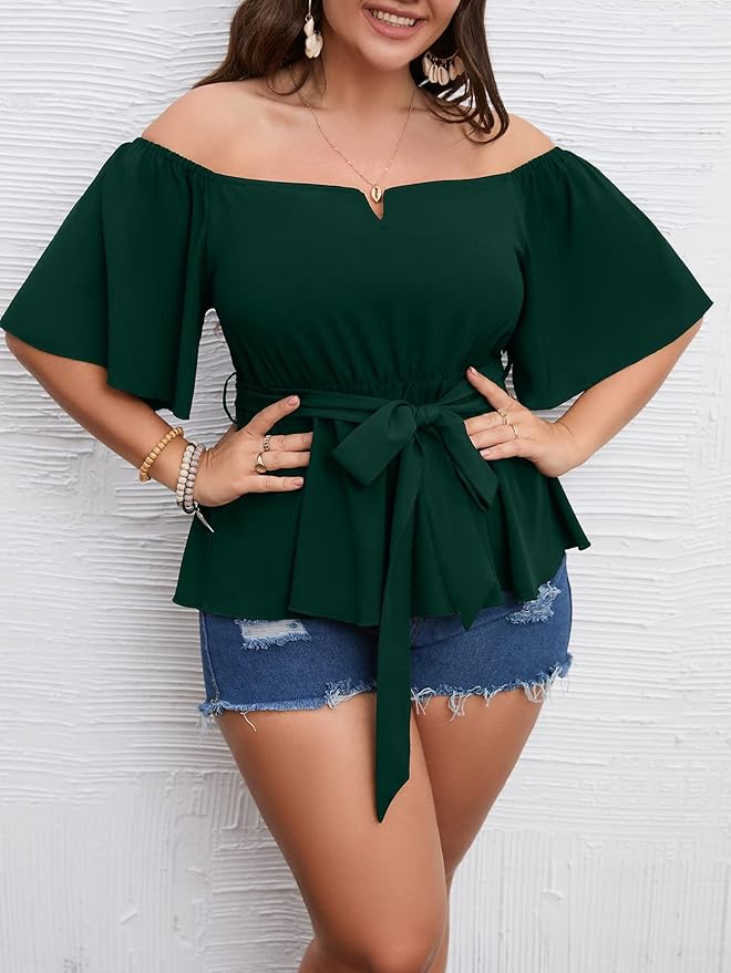 SCOMCHIC Women's Plus Size Off The Shoulder Peplum Blouse Top Half Bell Sleeve Tie Waist Ruffle Hem Babydoll Tops