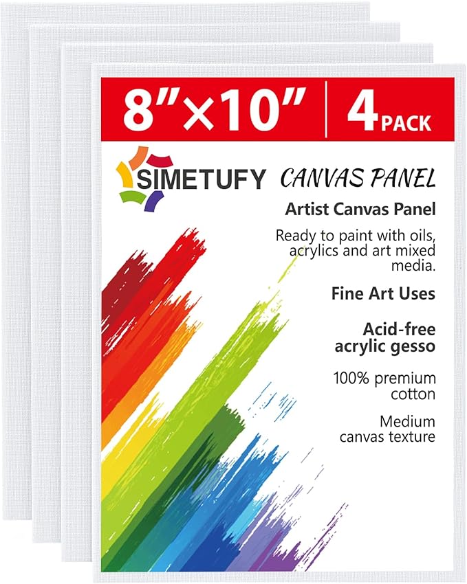 Simetufy 4 Pack 8x10 Inch Canvas Boards Canvas Panels-Gesso Primed Acid-Free 100 Cotton Blank for Acrylics Oil Watercolor Tempera Paint