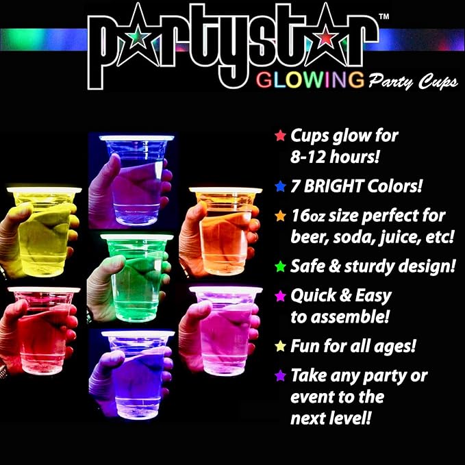 16oz Glow In The Dark Party Cups - Multi-Color Variety Pack with 7 Bright Glow-In-The-Dark Colors - The Perfect Glow Party Supplies for an Epic Glow in the Dark Party
