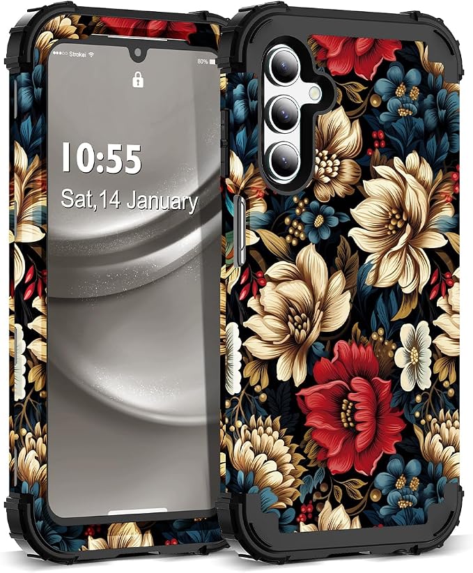 SleekCover 3 in 1 Floral Case for Galaxy A15 Case,6.5" Black Flower | 3 in 1 Floral Pattern Soft Silicone Rubber Bumper+Hard Plastic Protective Samsung Galaxy A15 Case