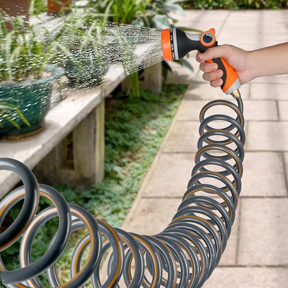 25ft Flexible Garden Hose, Spiral Water Hose, Lightweight and Kink-Free, with 34 Inch Brass Connector, 10 Pattern Nozzle (Orange Grey)