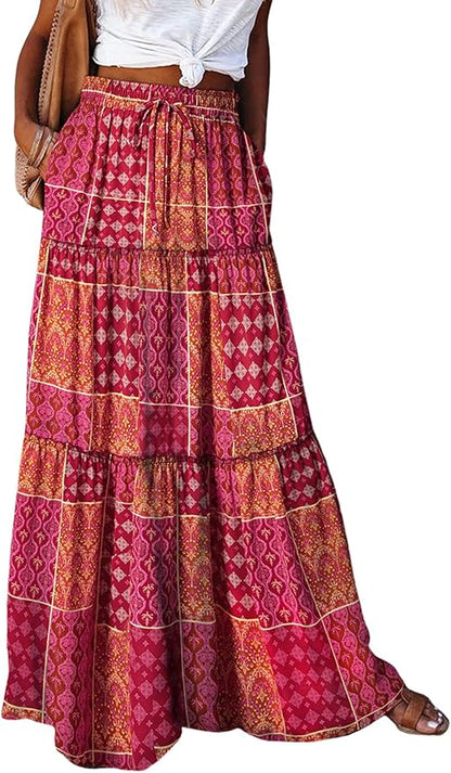 Happy Sailed Womens Floral Print Boho Maxi Skirt Elastic High Waist Pleated Ruffle Flowy Long Skirts S-XL