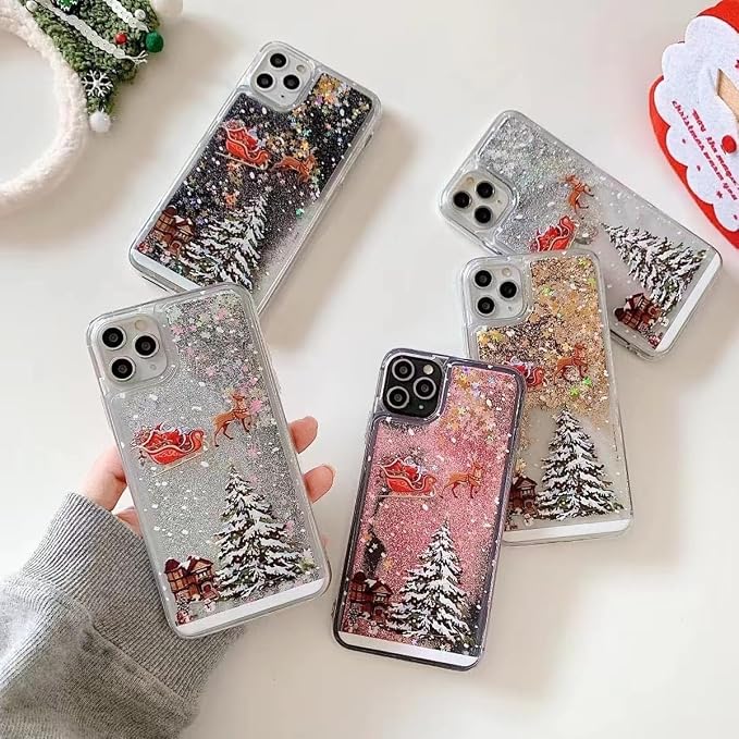 Glitter Christmas Case for iPhone 16 Pro Max Glitter Case Christmas Tree Clear Floating Flowing Moving Bling Snowman Santa Elk Tree Women Cute Liquid Holiday Case for iPhone 16 Pro Max (Gold)