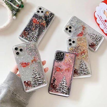Glitter Christmas Case for iPhone 16 Pro Max Glitter Case Christmas Tree Clear Floating Flowing Moving Bling Snowman Santa Elk Tree Women Cute Liquid Holiday Case for iPhone 16 Pro Max (Gold)