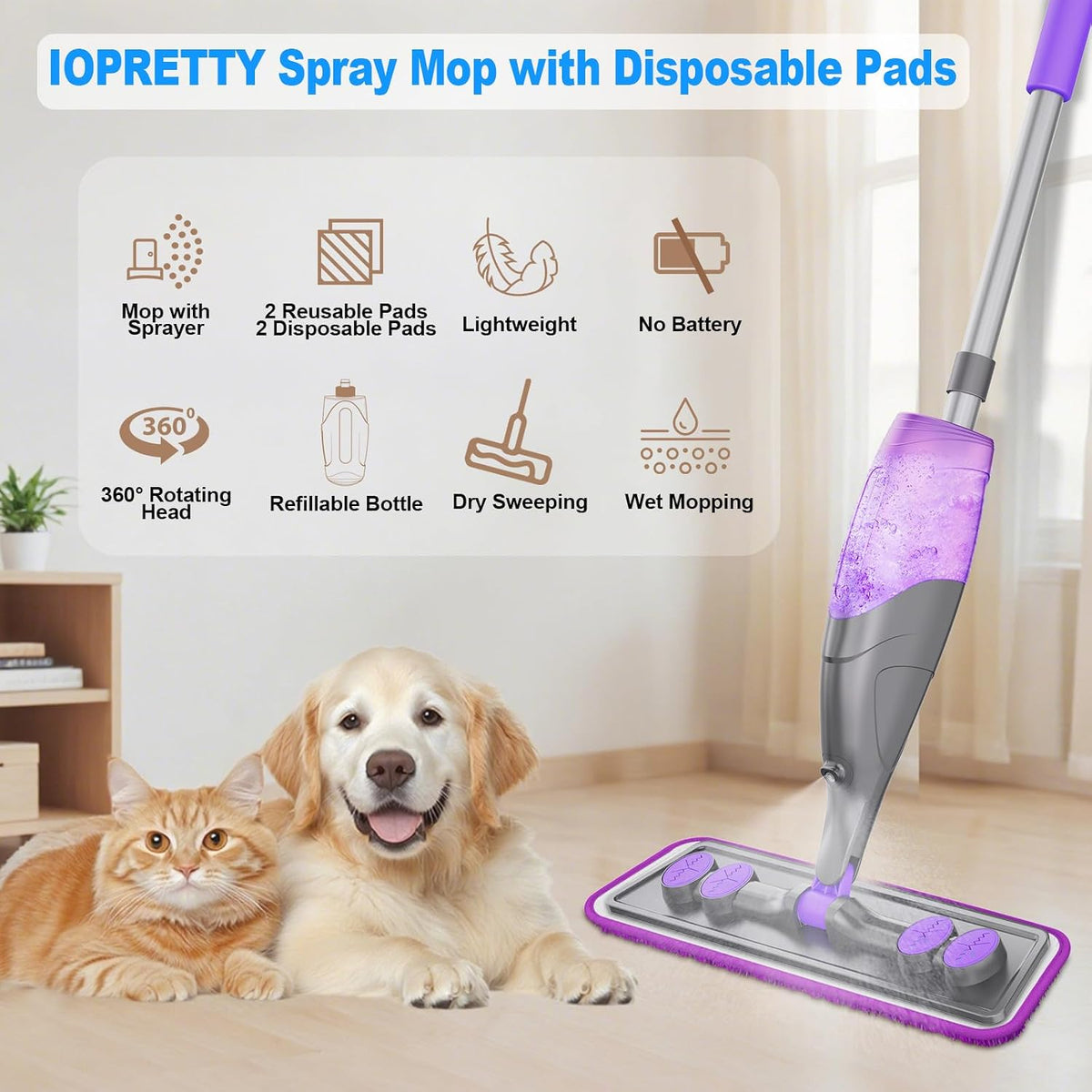 Spray Mops for Floor Cleaning - Wet Dry Mops with 6 Disposable Pads for Swiffer Powermop