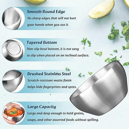 Youeon 3 Pack 28 Oz SUS304 Brushed Stainless Steel Bowls, Double Wall Insulated Bowls, Stainless Steel Soup Bowls, Cereal Bowls, Ice Cream Bowls, 6 inch Bowls Set for Serving, Dishwasher Safe