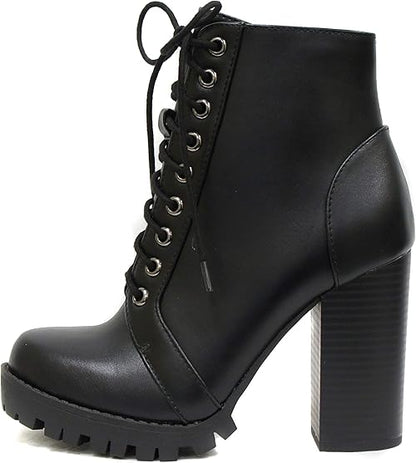 Soda Chalet  Fashion Lace up Military Inspired Ankle Boot with Stacked Heel and Side Zipper